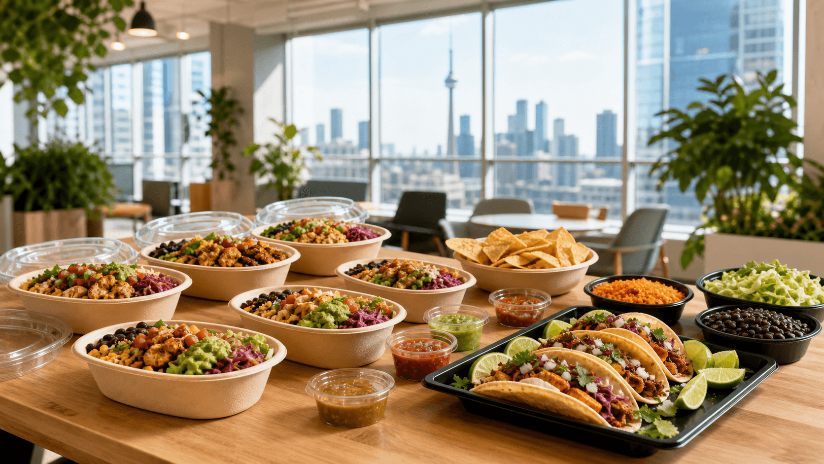 Packaged burrito bowls and taco tray set up for a Toronto office lunch with skyline in the background