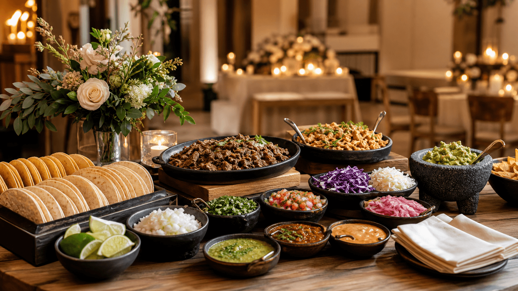 Elegant wedding taco bar catering setup with candles, flowers, tortillas, proteins, and sauces