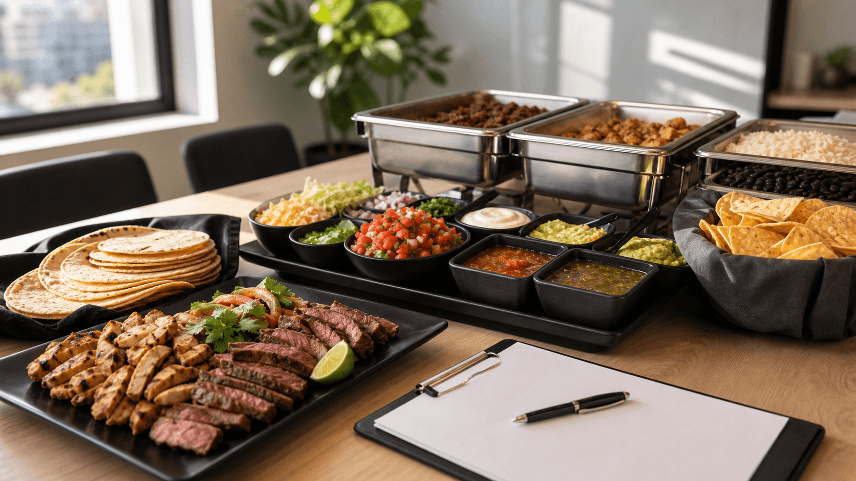 Mexican catering spread with tortillas, proteins, toppings, and a planning clipboard on a Toronto office table
