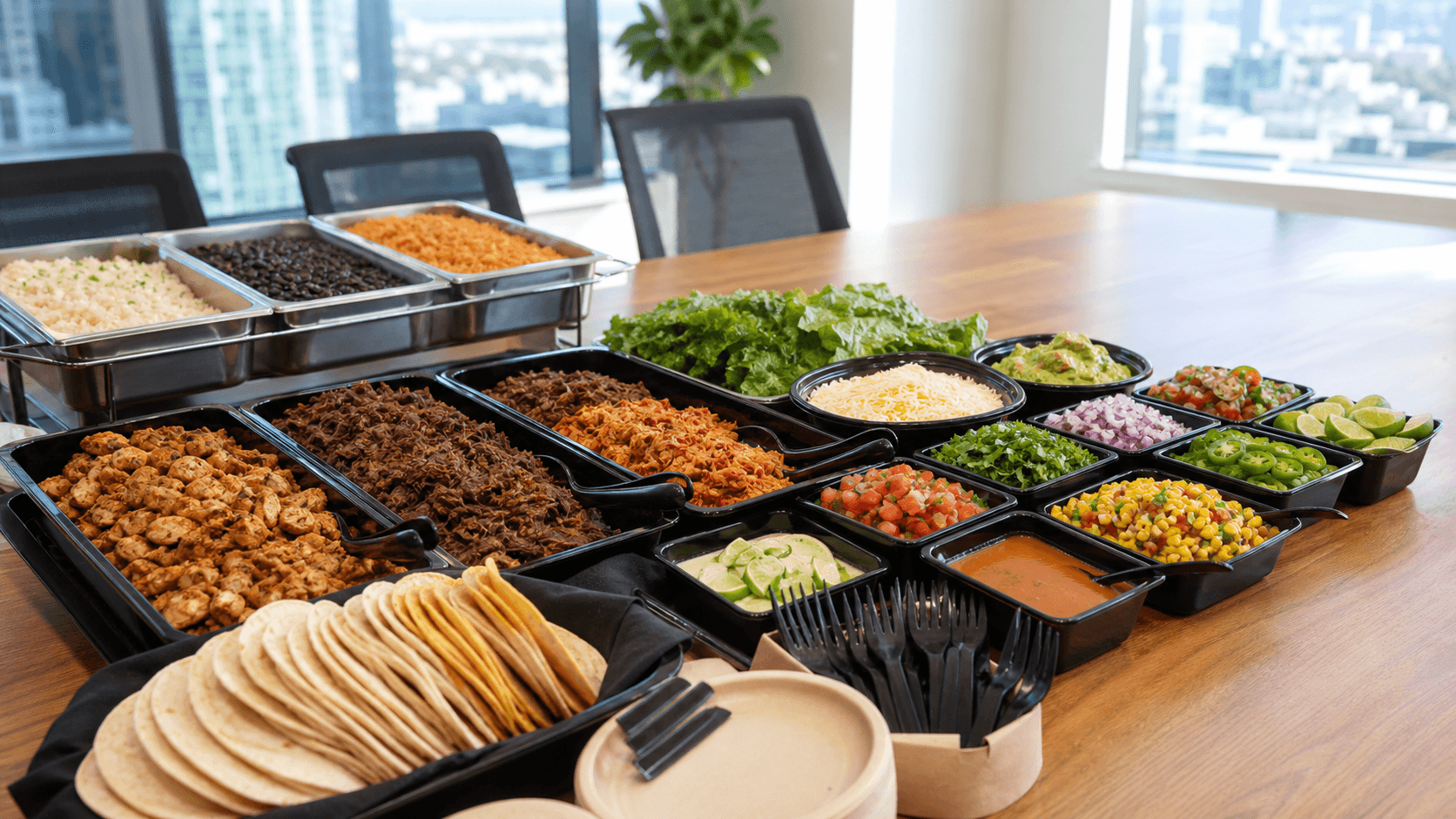 Mexican catering spread set up in a bright Toronto office meeting room