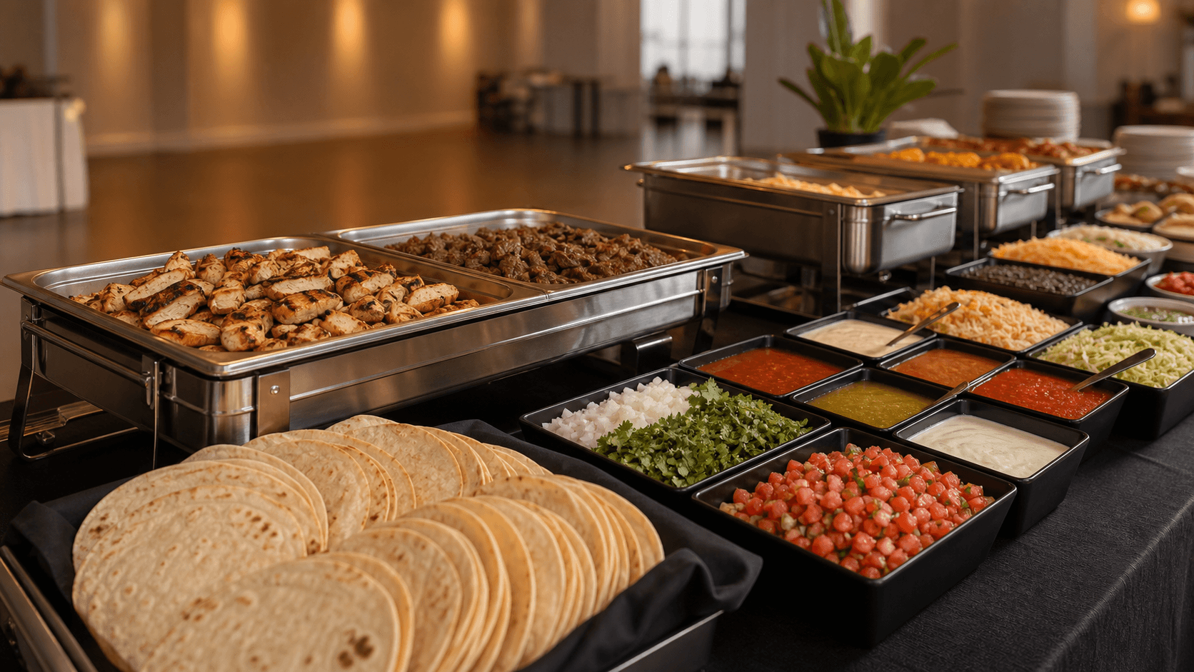 Taco catering buffet with tortillas, proteins, toppings, and sauces arranged in a Toronto event venue