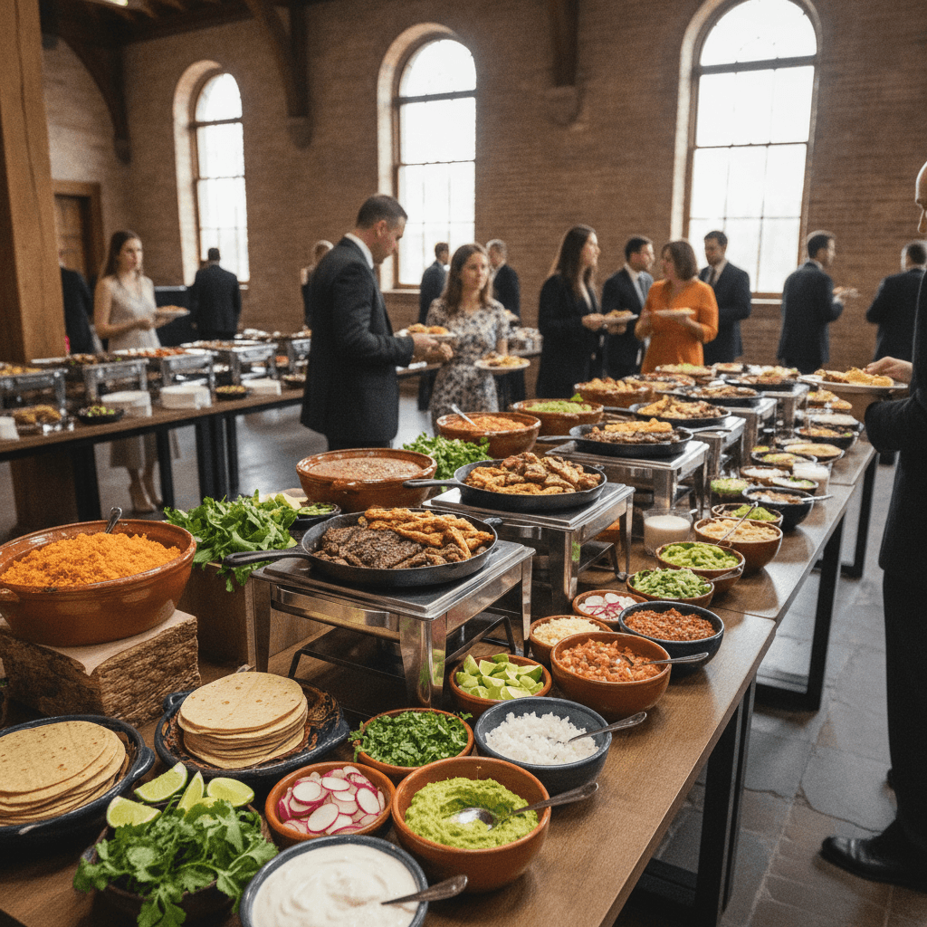 Team lunch taco bar with toppings and salsas