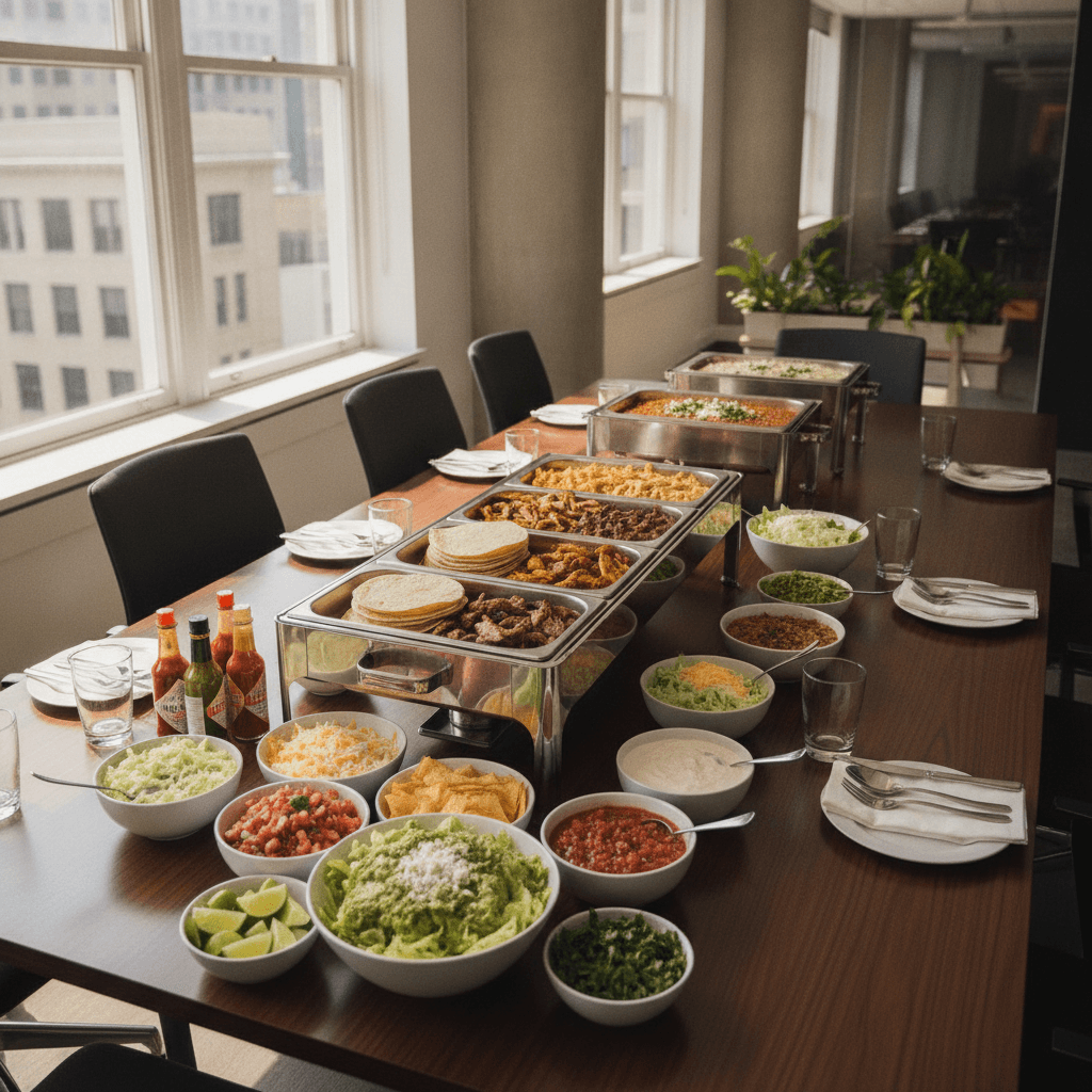 Office catered lunch spread with taco bar trays and toppings